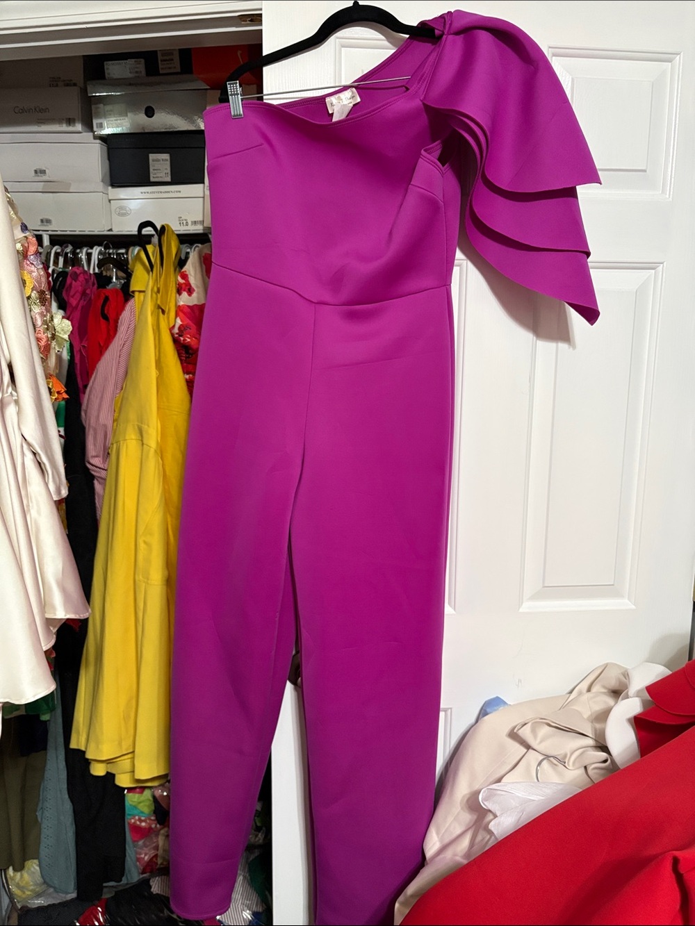 One-Shoulder Fuchsia Jumpsuit with Ruffle Sleeve